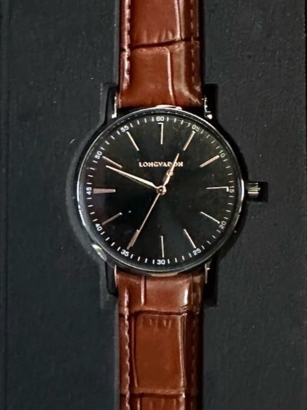 Longvadon Classic Watch Marron Black Dial Gold Tone Brown Leather Strap NIB